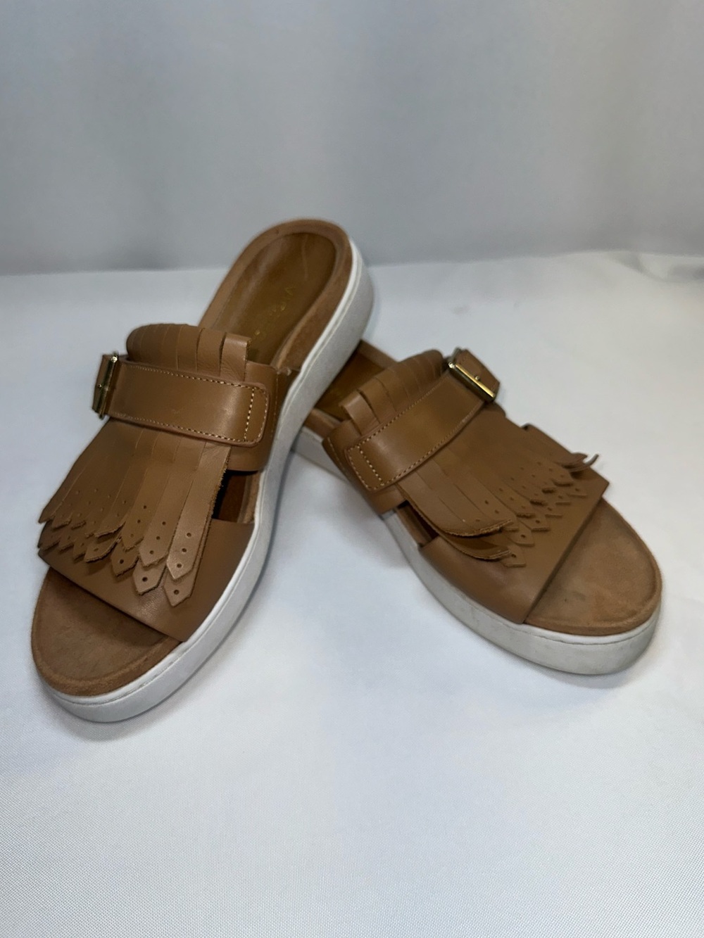 Vionic Fillmore Sandal Slide Tassle Buckle Tan Brown Chunky Platform Brown 8.5